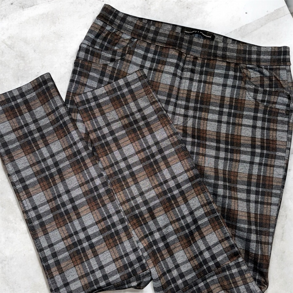 Sanctuary x Anthropologie Plaid Pants Women’s Slim Straight Brown Gray Career Sm